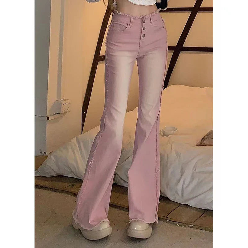 Flare Pants Jeans Y2k 90s Slim Pink Flare Pants for Women Y2k Vintage Female Low Waist Jeans High Street Full Length Trousers