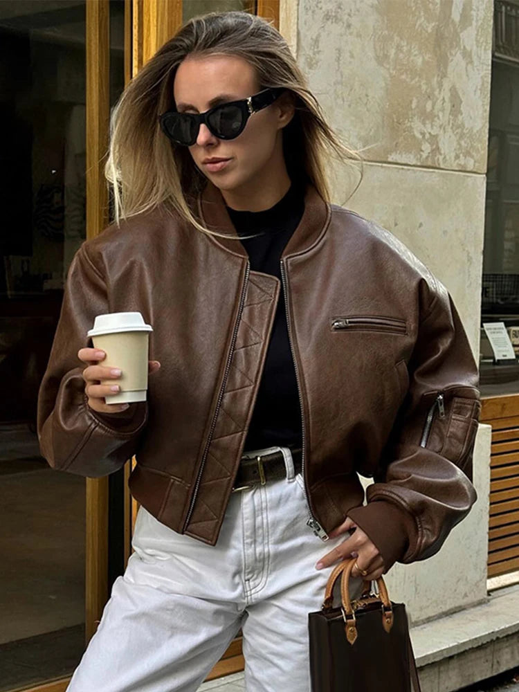 Vintage Leather Bomber Jacket Women Casual O-neck Zipper Pockets Long Sleeve Crop Jackets 2024 Autumn Lady High Street Outwears