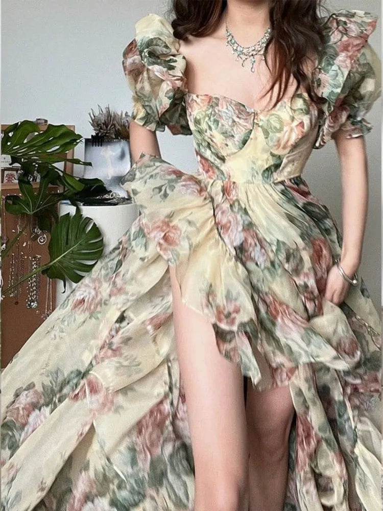 warmmeta Floral Print Evening Party Dress Women 2024 Spring OutfitsPuff Sleeve Elegant Princess Long Dres Ladies France Vintage Open Fork Dress Summer