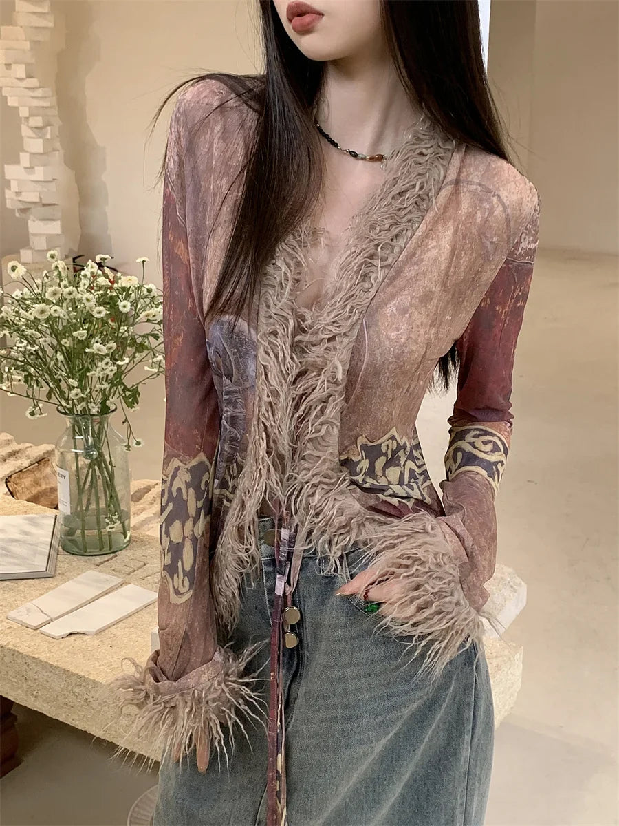 CHEERART See Through Fur Collar Cardigans Coats Jackets Spring Clothes Women 2023 Mesh Ethnic V Neck Designer Fashion Coat