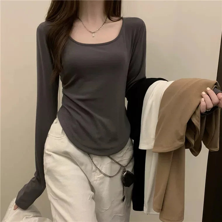 Square Neck Long Sleeve T-Shirt Women Spring  Autumn  New Irregular Hem Slim Casual Top Winter Solid Bottom Shirts New Korean