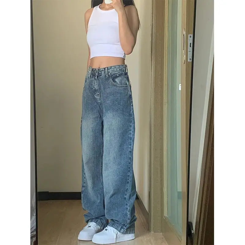 Y2k Straight Denim Trousers Jeans Women Vintage 90S High Waist Loose Wide Leg Casual Long Pants Clothing Female Streetwear