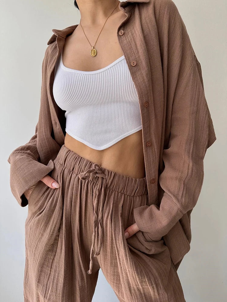 2024 Spring Women's Tracksuit with Buttons Shirt Casual Loose Soft Wide Leg Trousers Home Suit Two Piece Set for Women Outfits