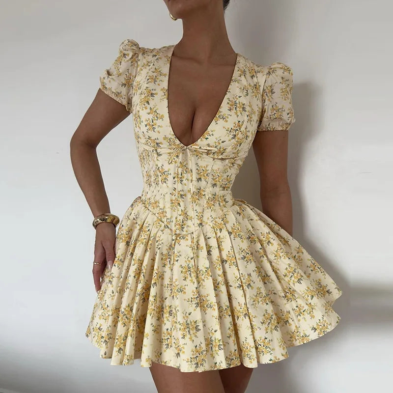 Little Yellow Flower Print Mini Dress for Women Sexy V-neck High Waist Slim A-line Dresses 2024 Ladies Elegant Chic Vestidos