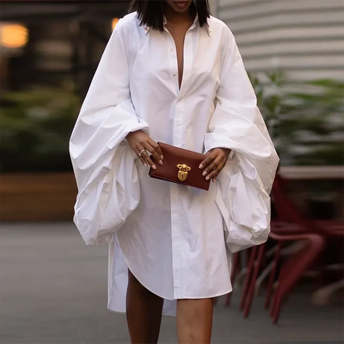 Female Fashion White Statement Puff Sleeves Loose Pleated Split-Side Solid Color Lapel Collar Midi Dresses for Women 2023