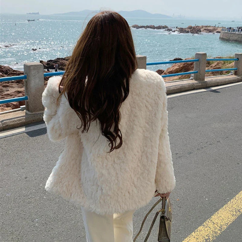 Lucyever Autumn Winter Women's Lamb Wool Jacket Korean Style Streetwear O-Neck Faux Fur Coat Woman Warm Thick Furry Fluffy Coat