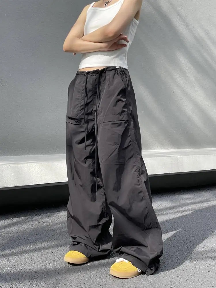 HOUZHOU Black Oversized Parachute Pants Women Wide Cargo Trousers Japanese Style Casual Pleated Joggers Streetwear Vintage Y2k