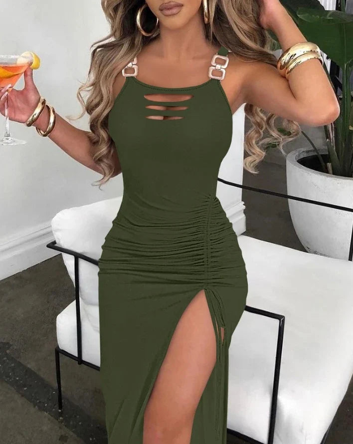 Sexy Women's Dress 2024 New Ladder Cutout Slit Buckled Bodycon Dress Solid Color Slim Fit Sleeveless Drawstring Pleated Dress