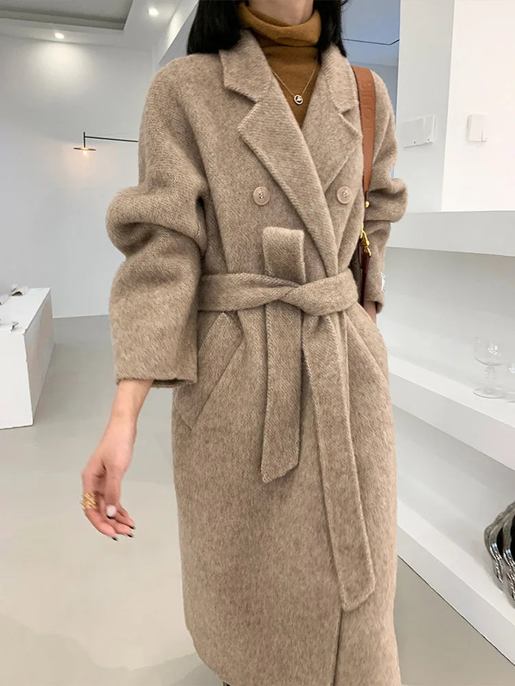 New High-end Women Wool Herringbone Loose Double-sided Wool Coat Temperament Handmade Natural Wool Fashion Jacket Autumn Winter