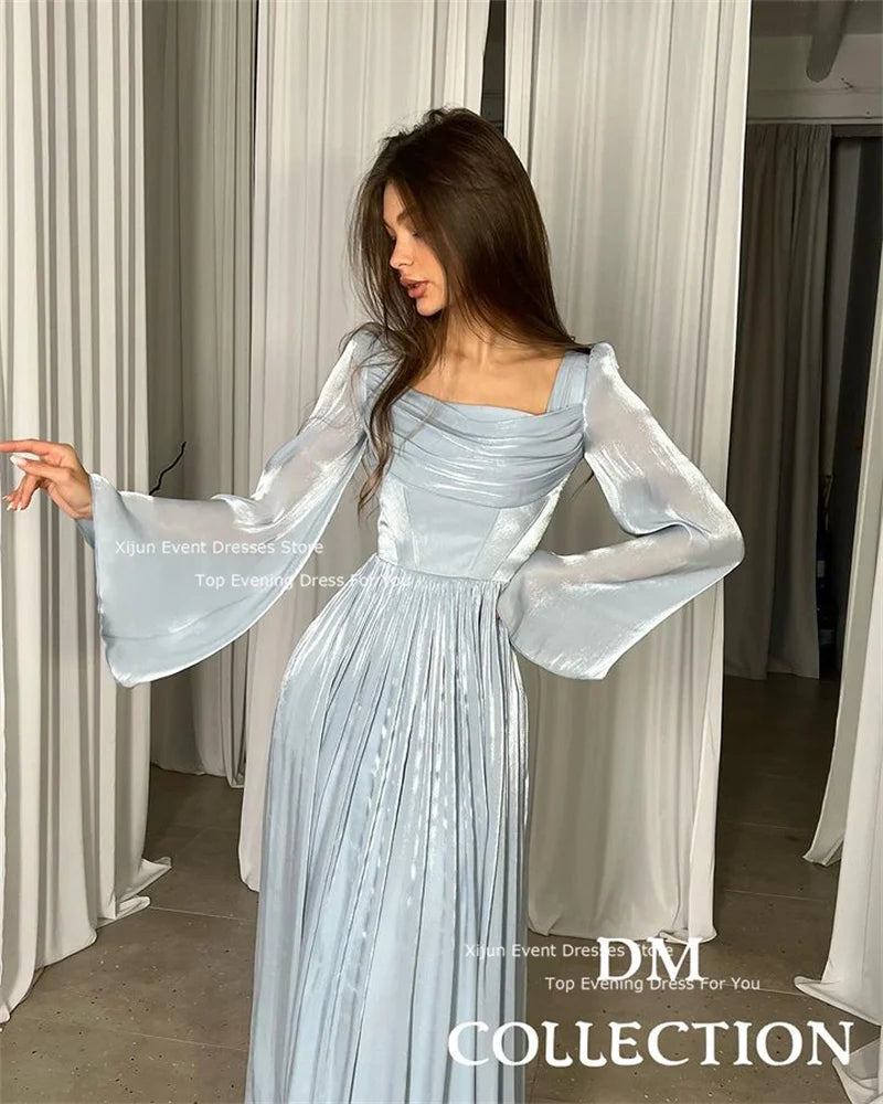 Blue A-Line Evening Dresses Long Sleeves Saudi Arabric Prom Dresses Square Collar Prom Gowns Pleats vestidos de novia 2023