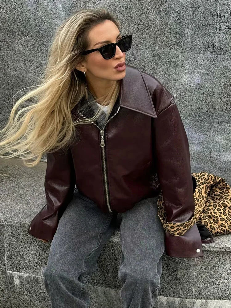 PICSGIRL -  2024 Spring Faux Leather Cropped Jackets Fashion Solid Lapel Long Sleeves Coats Pockets Zipper Female Casual Jackets