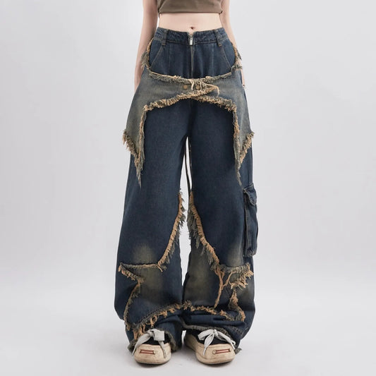 Y2K Vintage Women Denim Jeans Korean Streetwear Oversize Star Aesthetic Straight Trousers Wide Leg Jeans Grunge Pants Clothes