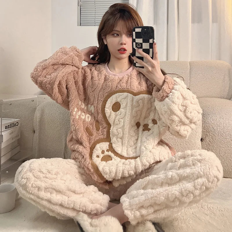 Winter Thicken Women Pijamas Sets Korean Girls Soft Warm Sleepwear Pyjama Pour Femme Cartoon Bear Cute Pajamas Long Sleeve Pants