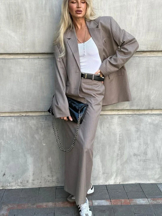 Oversized Blazer Suits For Women Loose Slit High Waist Skirts Femme New Street Casual Blazers 2 Piece Sets Womens Outfits