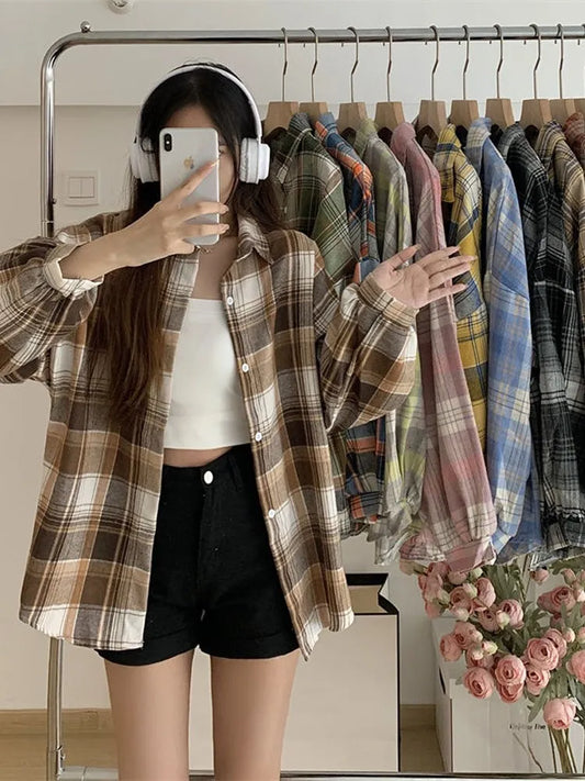 warmmeta Plaid Shirt Women Autumn Long Sleeve Top Female Vintage Fashion Single Breasted Blouse Ladies Preppy Style Loose Check Shirts