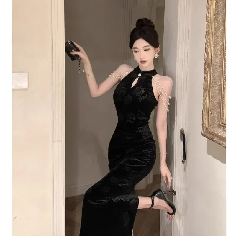 WARMMETA Hot Girl Retro Long Dress Children's Autumn Elegant Velvet Embossed Pearl Chain Cheongsam Dress Fashion Female Clothes