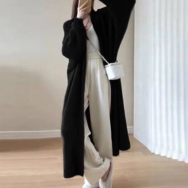 Elegant Long Knee-length Sweater Cardigan Autumn/winter New Idle Style Loose-fit Thickened Sweater Jacket Cross-border Korean