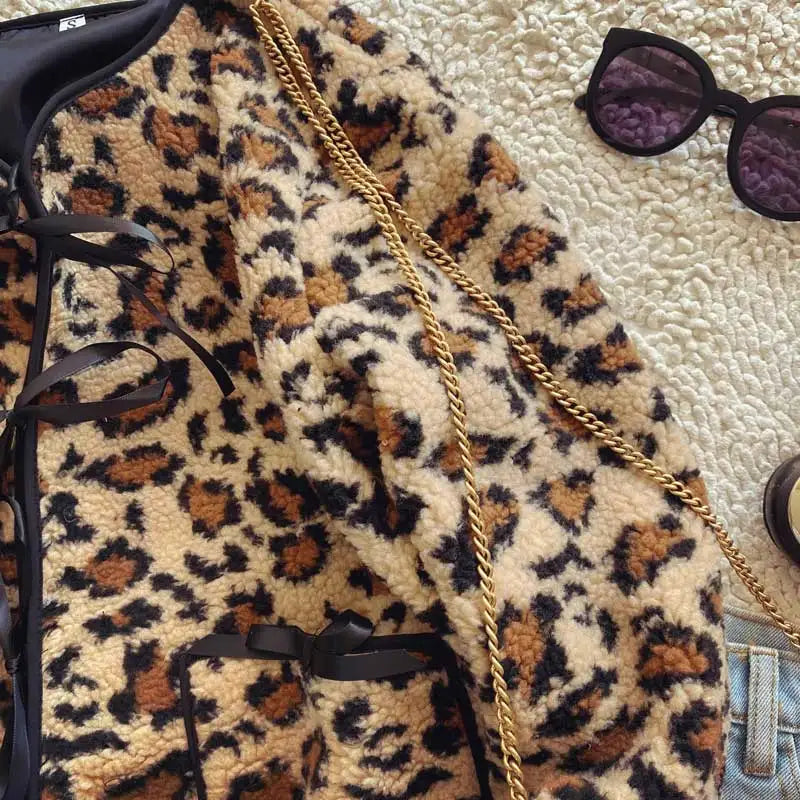 Leopard print jacket women long sleeve bow tied front fleece jacket female long sleeve wearm winter clothes women