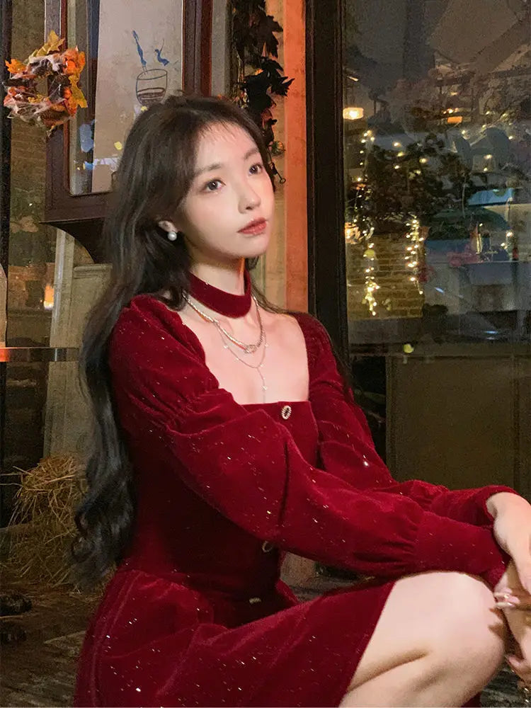 WARMMETA Hot Girl Red Velvet Dress Women's Autumn/Winter Christmas Square Collar Long-sleeved Slim Fit A-line Dress Female Clothes