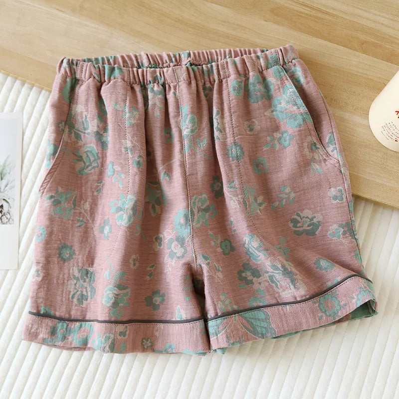 warmmeta-New Summer Women's Pajamas 100% Cotton Shorts Yarn-dyed Jacquard Shorts Women's Loose Home Pants Thin Home Pants Pajamas