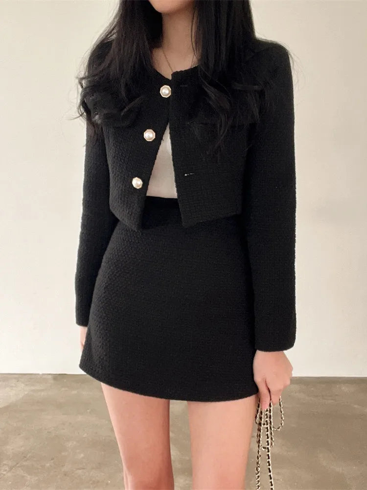 Korean Fashion Tweed 2 Two Piece Set Womens Outfits 2022 Autumn Long Sleeve Short Jacket + A-line Mini Skirt Suits Vintage