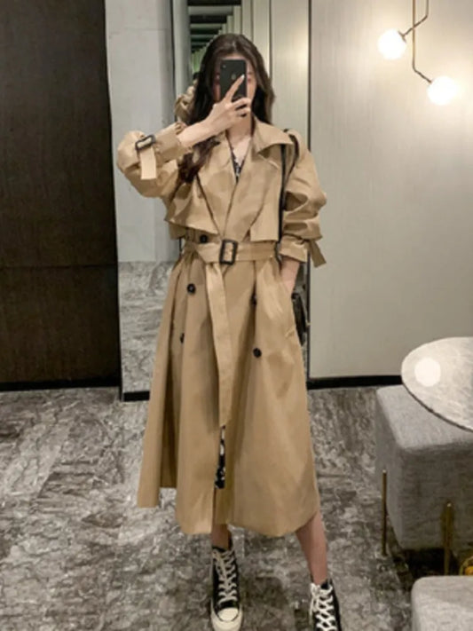 Lapel Women Trench Coat Topcoat Double-breasted Casual Coat Pure Color Autumn Winter  Overgarment Waistband Windbreak Jacket