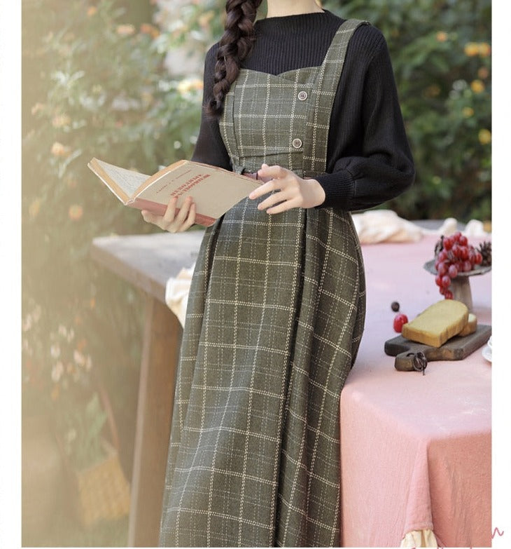 Forest Witch 2-Piece Dark Academia Wool Plaid Dress Set