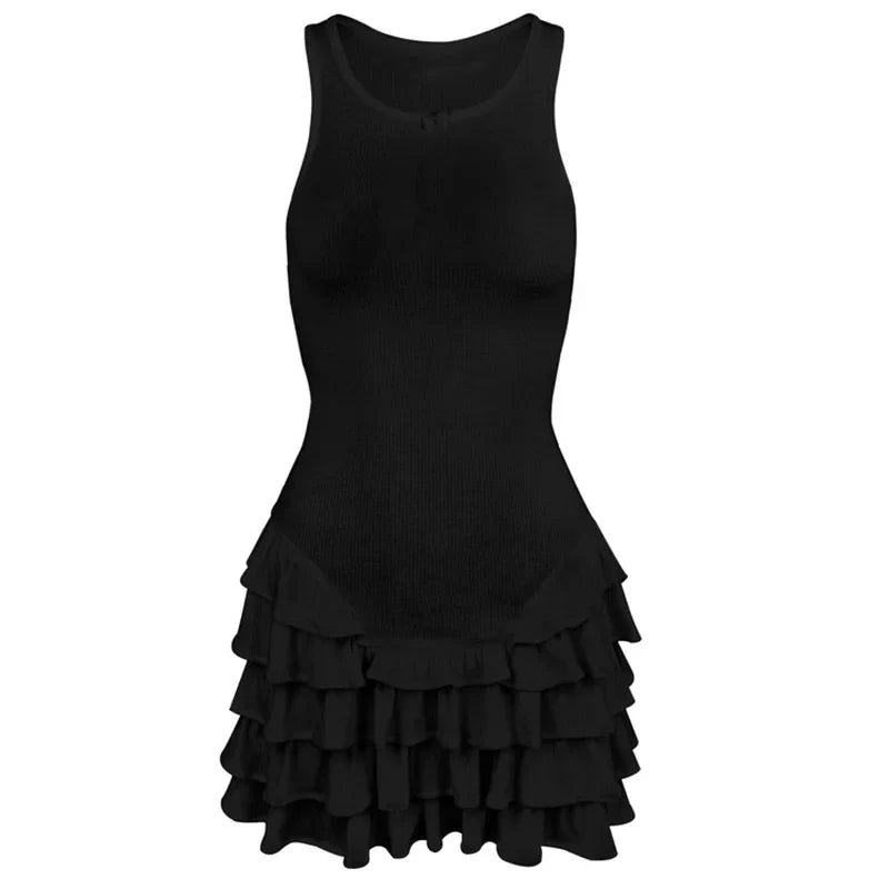 Bow Frill Layer Cake Tank Mini Dress Women U-Neck Patchwork Ruffles Slim Wrap Hip Short Dress Hottie Summer Beachwear