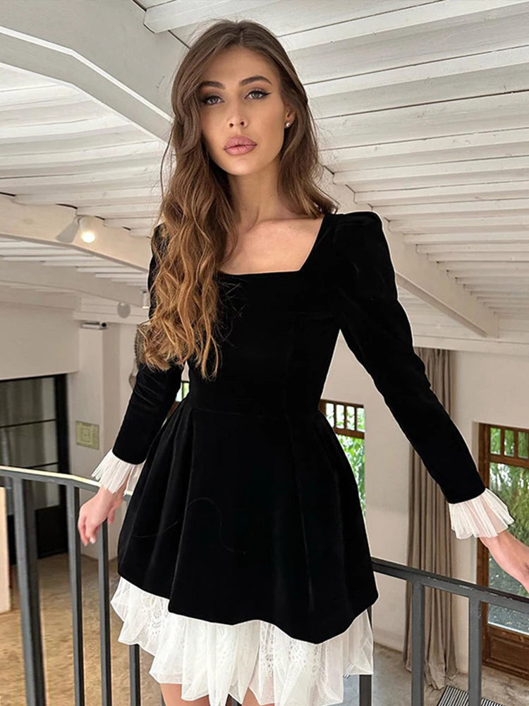 Sexy Strapless Patchwork Velvet Mini Dress For Women Fashion Sleeveless Ruffle Hem Vestidos Ladies Elegant Party Evening Dresses