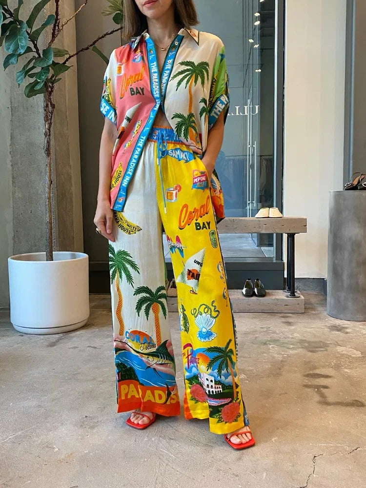 Casual Tropical Style Printed Pants Suit Women Short Sleeve Shirts Loose Wide Leg Trousers Set Female Holiday Summer Beachwear