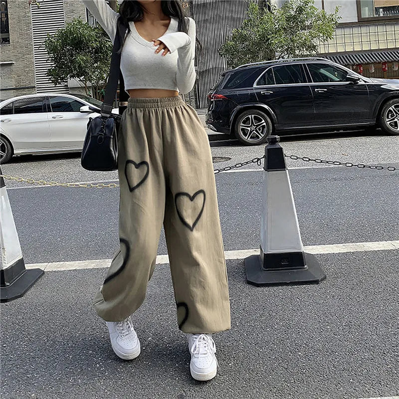 Korean Oversize Pants Heart Printing Pants Casual Loose High Waist Hallen Pants Streetwear Hip Hop Straight Trousers  Joggers