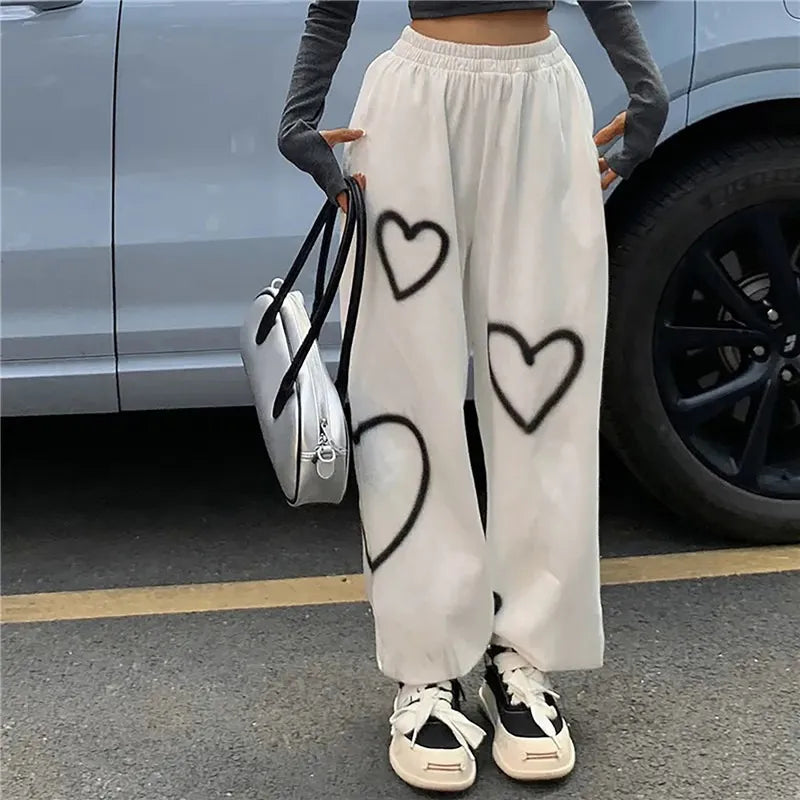 Korean Oversize Pants Heart Printing Pants Casual Loose High Waist Hallen Pants Streetwear Hip Hop Straight Trousers  Joggers