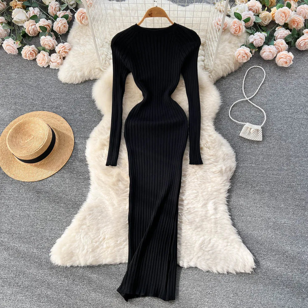 Winter Women Knit Maxi Dress O Neck Autumn Long Sleeve Slim Solid Harajuku Ladies Fashion Pencil Sweater Long Dresses