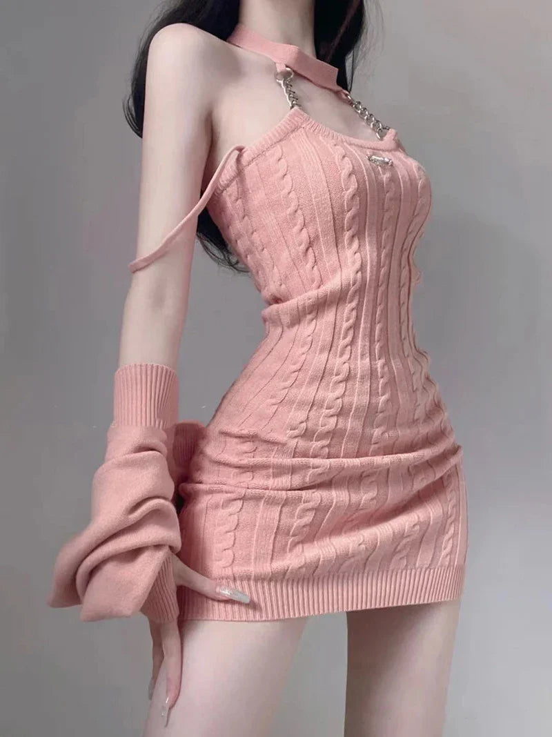 warmmeta knitted Two Piece Sets Fashion Hot Girl Outfits For Women Suit Crop Top pink cardigan Female Mini Wrap knitted dresses Woman