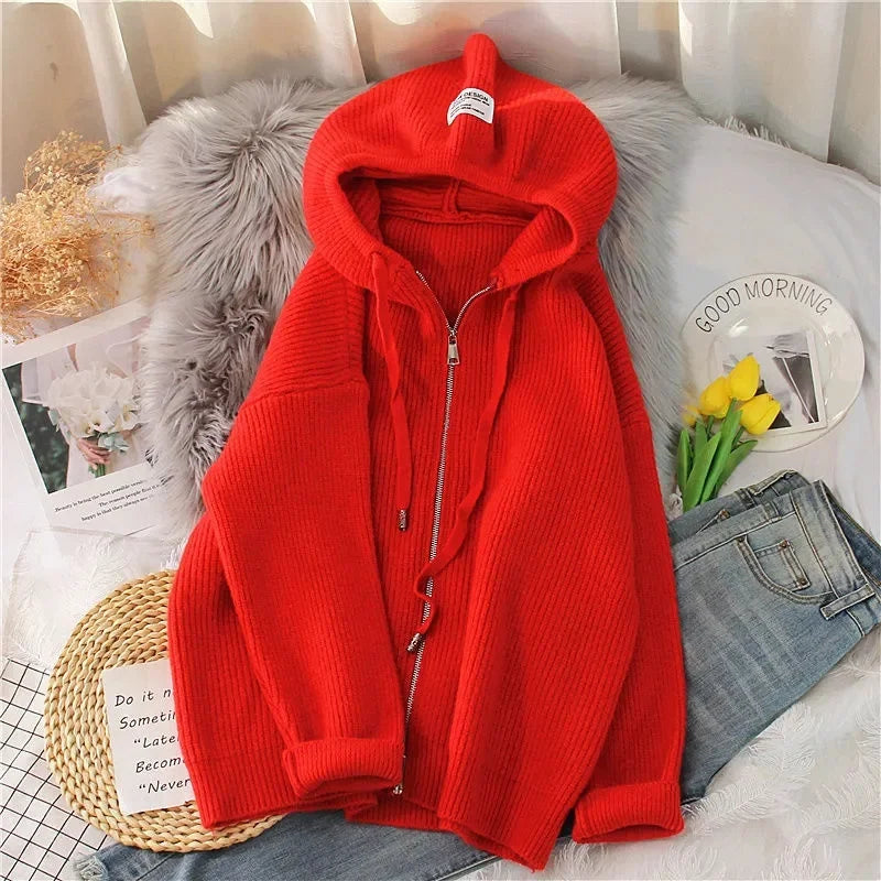 New 2023 Fashion Korean Cardigan Sweater Jacket Women Hooded Solid Color Loose zipper Sweater Female Elegant Knitwear Overcoat