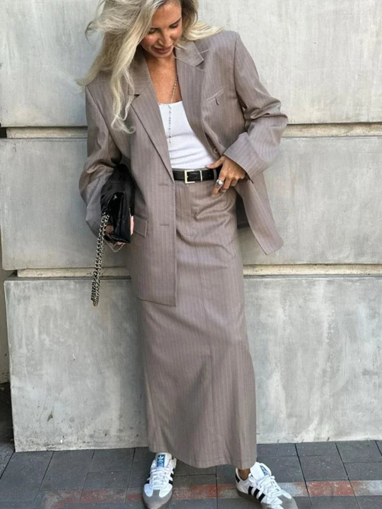 Oversized Blazer Suits For Women Loose Slit High Waist Skirts Femme New Street Casual Blazers 2 Piece Sets Womens Outfits