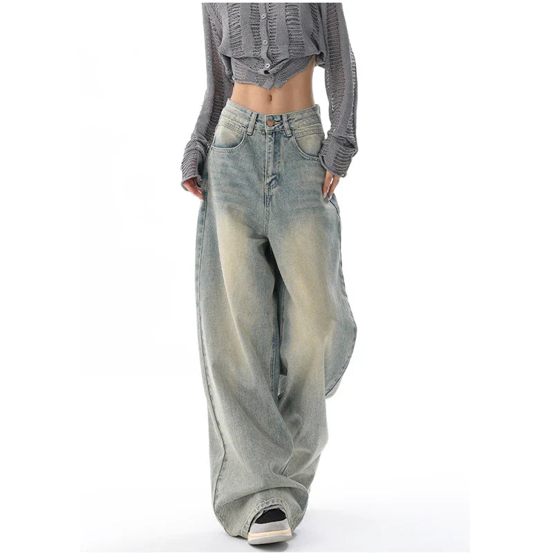 American Vintage Y2K Wide Leg High Waist Straight Jeans Pants Women's Casual Baggy Grunge Streetwear Style Denim Trouser