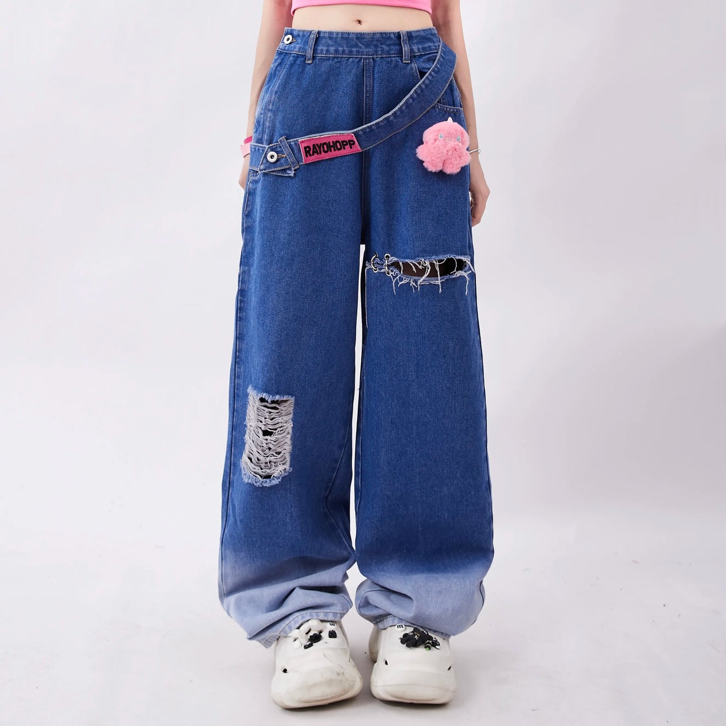 Oversized Red Jeans Women's Summer Fashion Retro Hole Gradual Design Dopamine Wearing Straight Pants