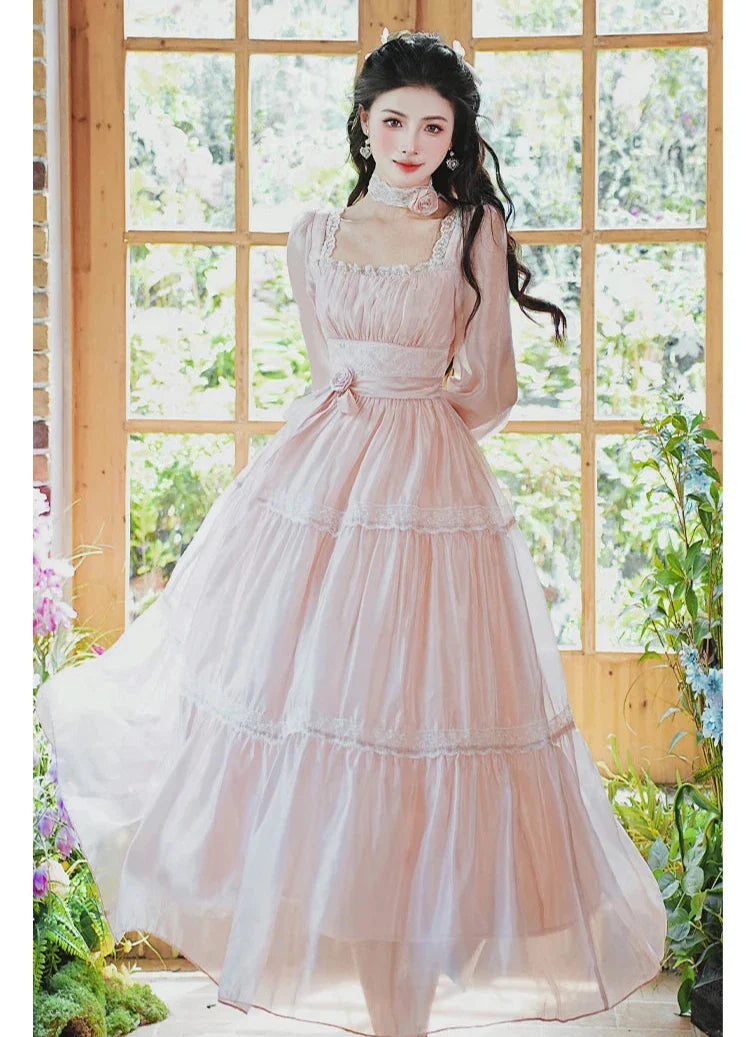 Rosepetal River Fairycore Princess Dress with Choker Necklace