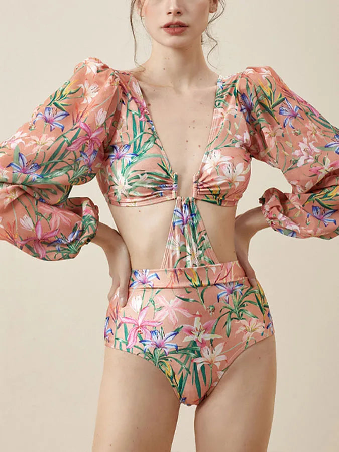 Printed High-waisted Deep V Beach Romantic Elegant Resort One-piece Swimsuit With Sleeves And Mesh Stitching Sarong