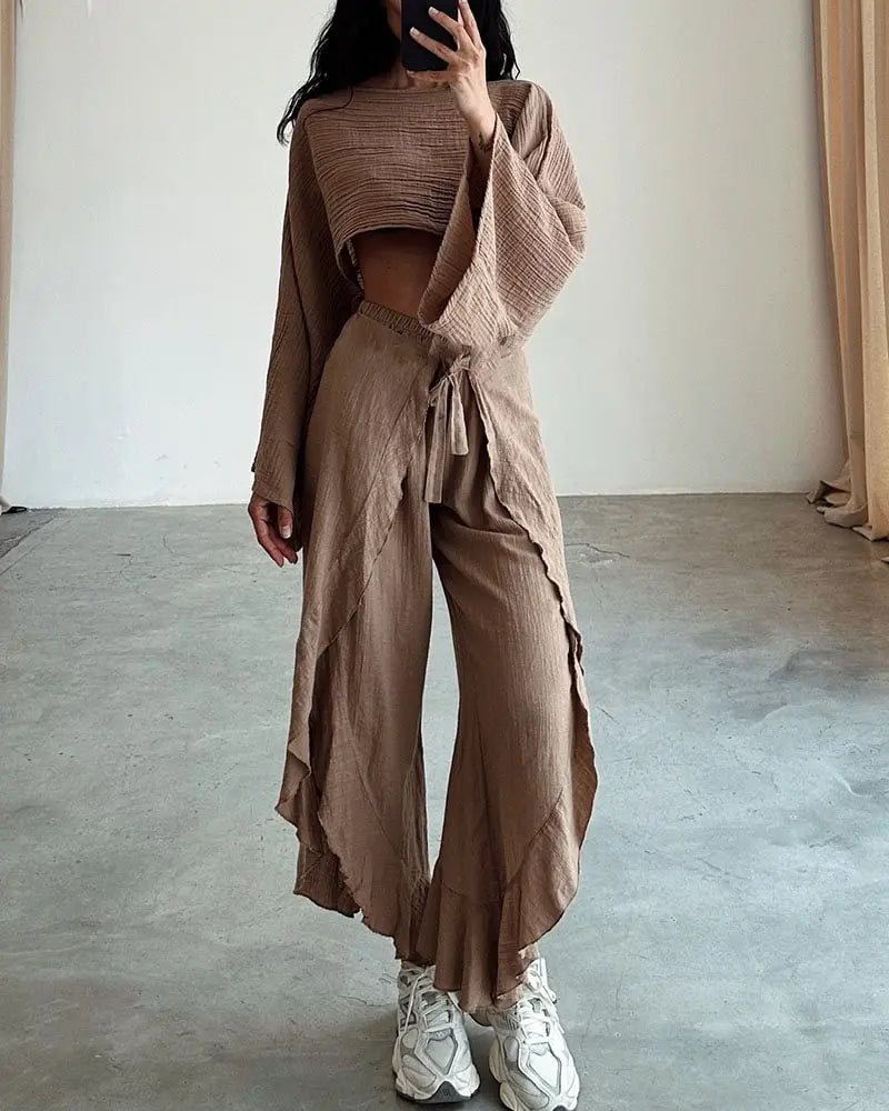 Holiday Irregular Pants Set Cotton Linen Fashion Loose Sleeveless Tops with High Split Pants Summer Two-piece Suit Women Outfits