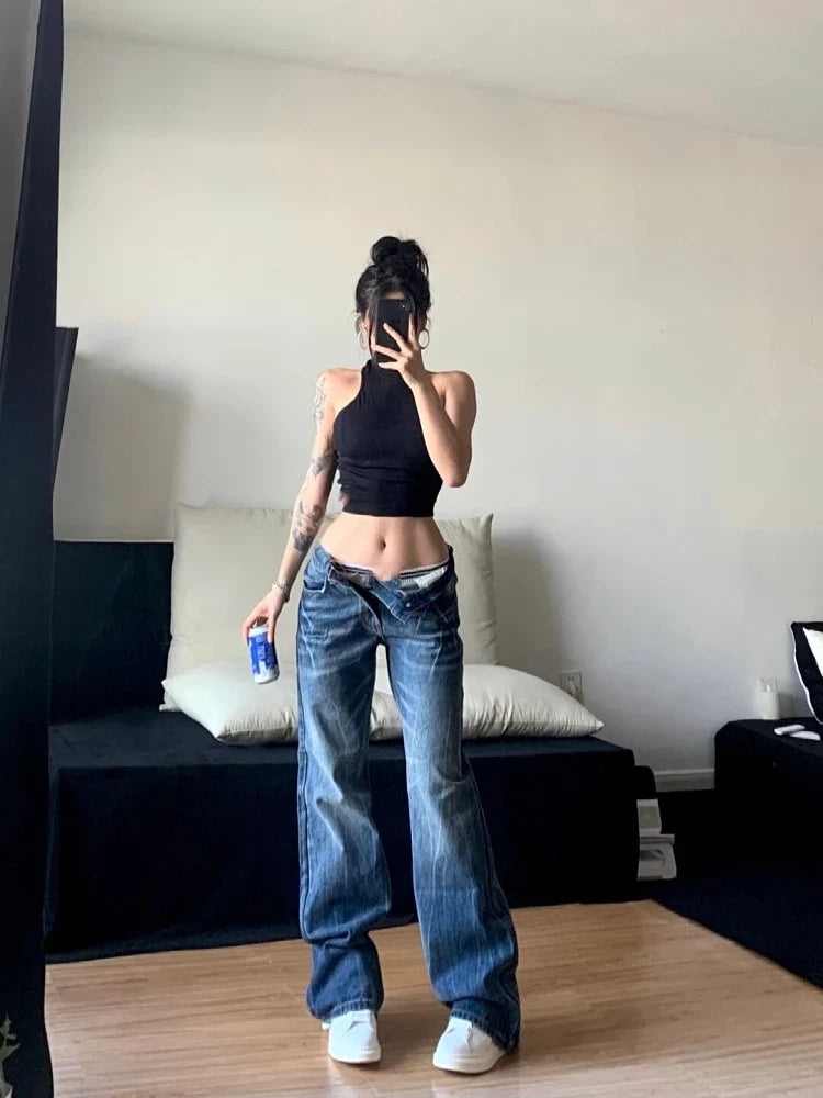 Women Korean Fashion Vintage Classical Chic Jeans Straight Leg Simple Jeans Grunge Harajuku Blue Denim Pants Y2k Tide Aesthetic