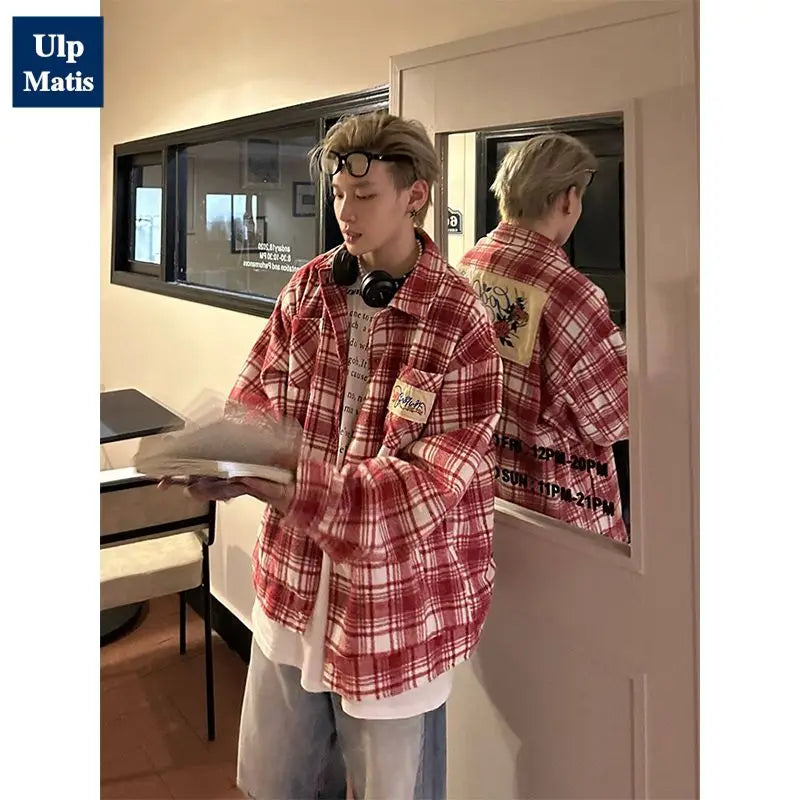 Red Plaid Long Sleeve Shirt For Men And Women Hiphop Loose Trend Shirt Versatile Coat Patchwork Design High-end Sense Top