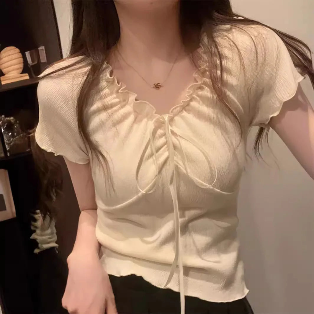 Sexy Ruffle V Neck Lace Up Cropped T-shirts Summer Women Solid Color Slim Student Korean Tshirt Tops CDPF-DL-5288