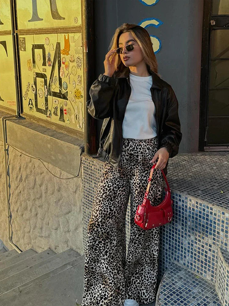 warmmeta-Vintage Leopard Print Pants Women Casual Loose Lace Up Wide Leg Trousers Female 2024 Summer Fashion All-match Lady Streetwear