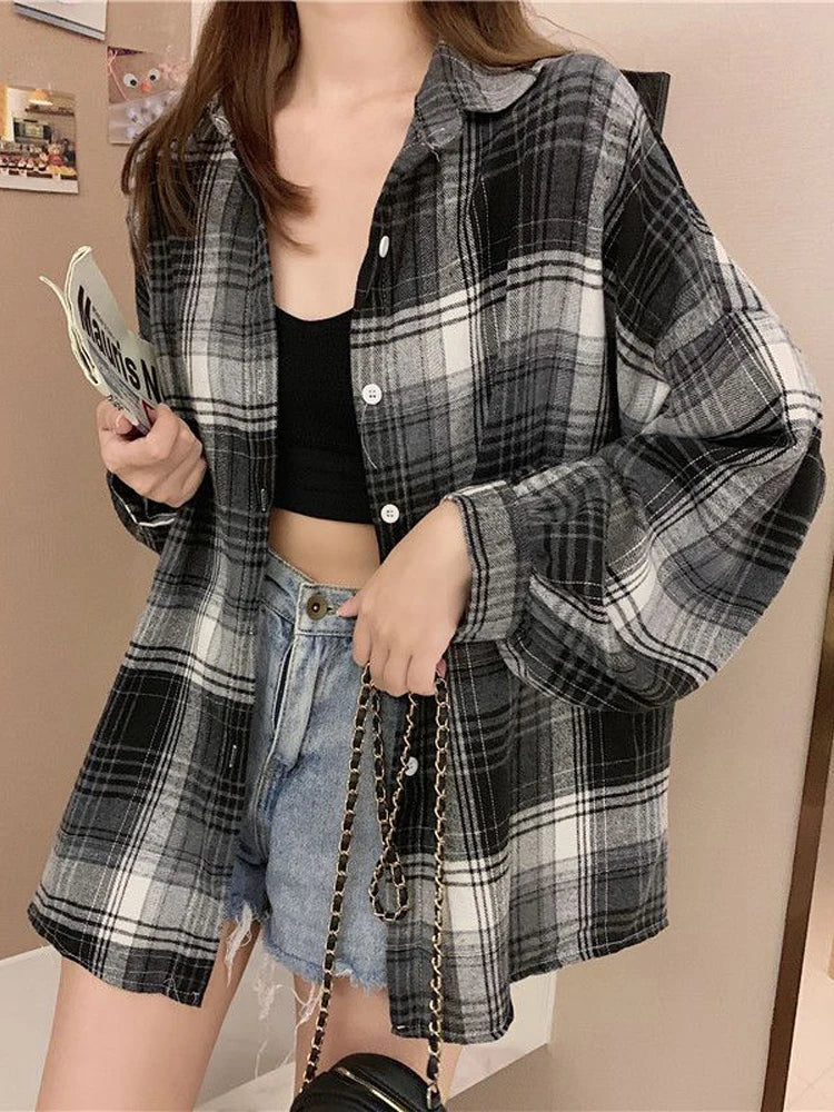 warmmeta Plaid Shirt Women Autumn Long Sleeve Top Female Vintage Fashion Single Breasted Blouse Ladies Preppy Style Loose Check Shirts