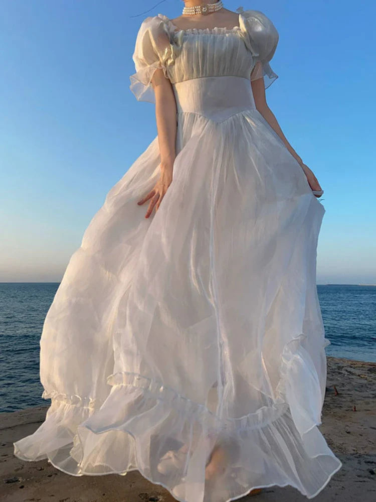 warmmeta-French Elegant Princess White Dress Women Sexy Backless Sweet Vintage Lolita Dress Female 2022 Korean Casual Long Fairy Dresses