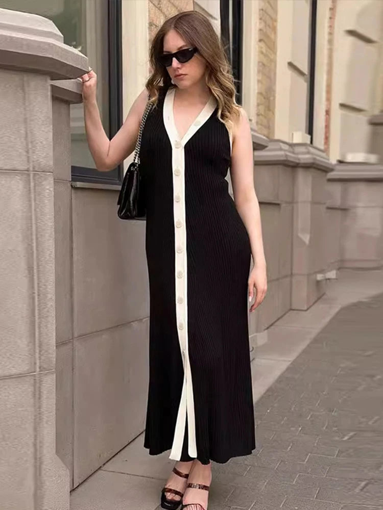 Elegant Contrast Knitted Long Dress Women Sexy V-neck Sleeveless Single Breasted Female Dress 2024 Summer Party Lady Vestidos