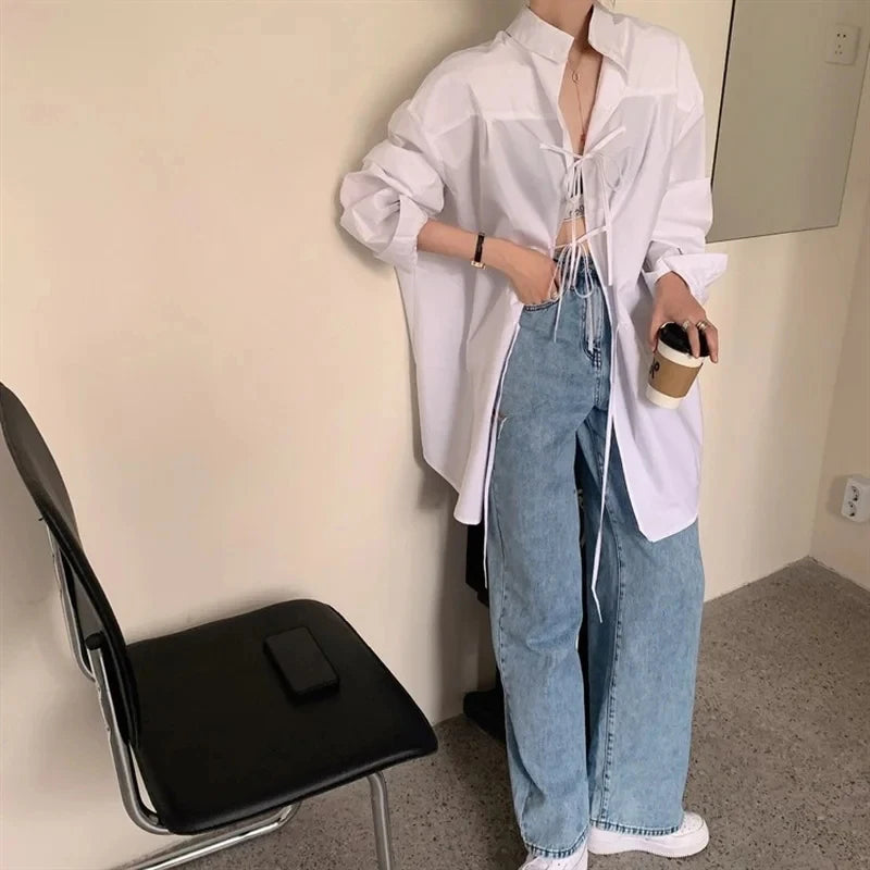 Streetwear White Shirts Women Harajuku Oversized Bandage Long Sleeve Blouses Korean Fashion Elegant Casual Chic Tops Spring New