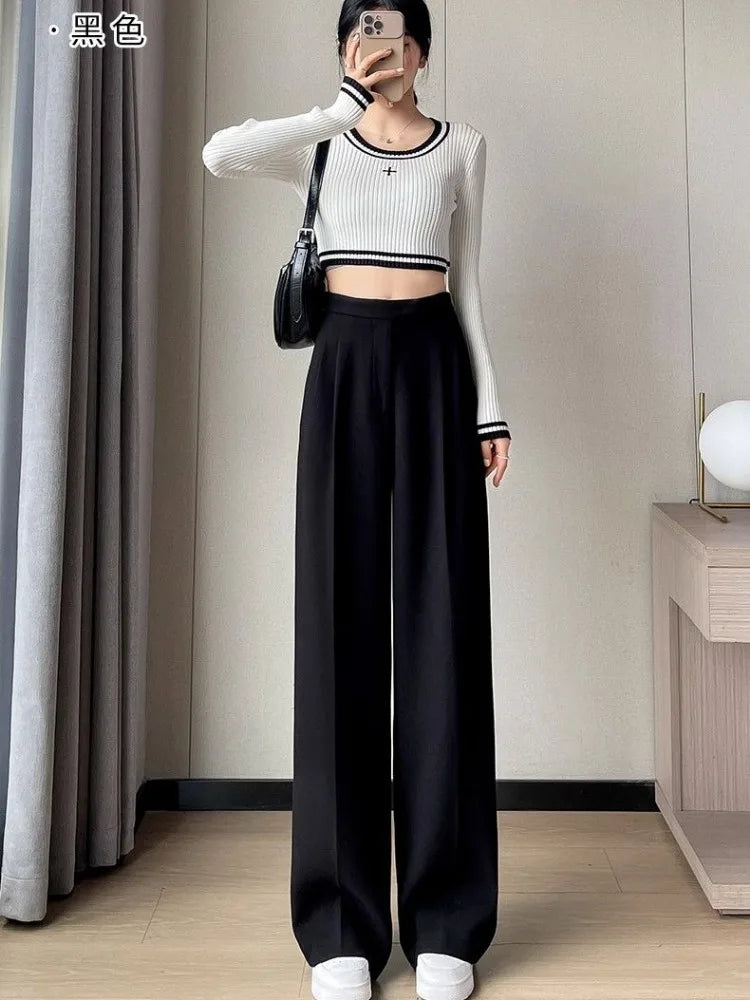 warmmeta Gray Pants for Women Solid Wool Suit Women Pants High Waist Fashion New Wide Leg Pants Autumn Winter Thickening Women' S Pants